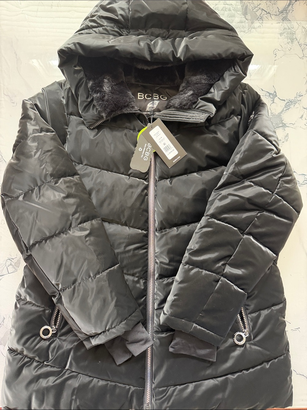 BCBG Black Quilted Hooded Puffer Coat with Faux-Fur Trim NWT